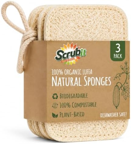 Natural Loofah Dish Sponge 3-Pack Natural Biodegradable Sponges for Kitchen by SCRUBIT