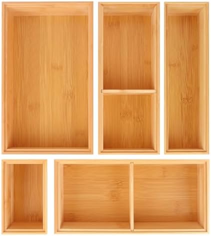 Bamboo Drawer Organizer,5 PCS Silverware Organizer & Kitchen Organizers and Storage,Utensil Drawer Organizer With Removable Dividers for Kitchen,Utensils,Bathroom,Office,Makeup(Natural) by Bxngjuj