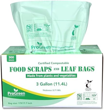 Compostable Bags 3 Gallon, Extra Thick 0.71 Mil, 300 Count, Small Kitchen Trash Bags, Food Scraps Yard Waste Bags, ASTM D6400 BPI And TÜV AUSTRIA Certified (300) by ProGreen