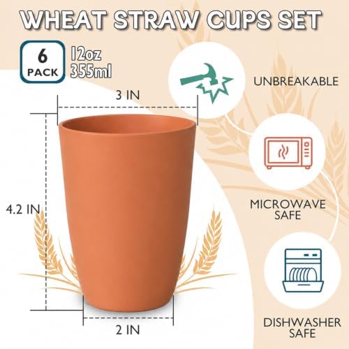 Wrova Wheat Straw Cups 6 PCS Good Alternative to Plastic Reusable Cups 12 oz Unbreakable Drinking Cup Reusable Dishwasher Safe Water Plastic Glasses Orange - Image 2