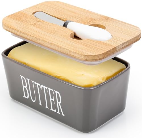 Ceramic Butter Dish with Lid and Knife & Silicone Seal for Countertop Grey by AISBUGUR