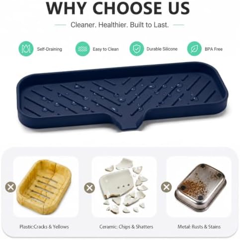 MicoYang Silicone Soap Dish with Drain Spout — Self-Draining Double Sink Organizer Tray for Kitchen & Bathroom, Dispensers, Sponges & Soap Holder, Non-Slip & Dishwasher Safe, Navy Blue (Large, 12"×4") - Image 3