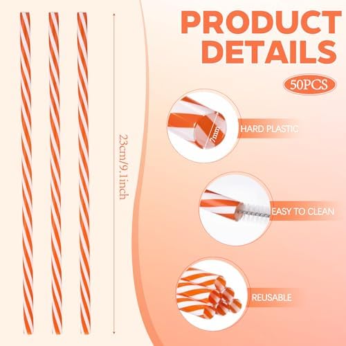 Honeydak 50 Pcs Reusable Plastic Straws Bulk,Orange and White Stripe - Image 2
