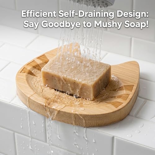 Bamboo Soap Dish Self Draining for Shower - Cute Cat Bamboo Soap Tray Holder Saver with Drainage, Natural Waterproof Decorative Tray for Bathroom, Kitchen, Sponges, Bath Tub, Shower, Sink - 1 Pack - Image 5
