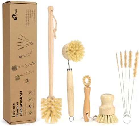 9PCS Bamboo Dish Brush Set with Bottle Brush and Straw Brushes by %C3%96KOSTAMM