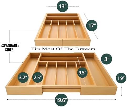 Bamboo Drawer Organizer – Expandable 9 Slot Silverware & Utensil Tray for Kitchen, Office & Kitchen –Fits 13”–19.6” Drawers, Natural Bamboo Wood, Deep Compartments - Durable & Eco-Friendly - Image 2