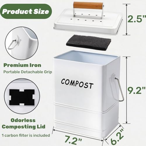 Tlence 1.7 Gallon Kitchen Compost Bin, Countertop Food Waste Pail with Handles, Odorless Composting Bucket with Carbon Filters, Indoor Small Food Scrap Composter for Trash Waste, White - Image 2