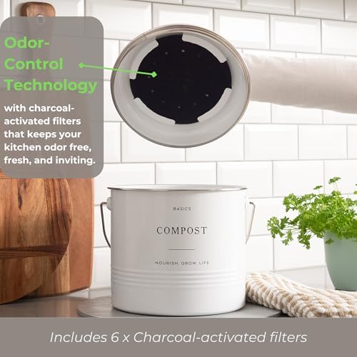 D'Lifeful Kitchen Compost Bin – 1.3 Gallon Countertop Farmhouse Compost Container with Lid – Odorless Indoor Food Scrap Pail with 6 Charcoal Filters – Eco-Conscious and Easy to Clean (White) - Image 4