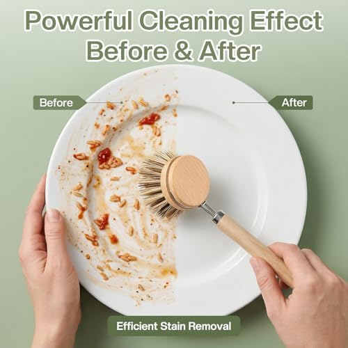 5 Pcs Bamboo Wood Dish Brush Set Includes 1 Wooden Handle with 3 Natural Replaceable Bristle Heads and 1 Handheld Bamboo Wok Brush Scrubber for Dishes Pans Pots Fruit and Veggie Washing(Style C) - Image 5