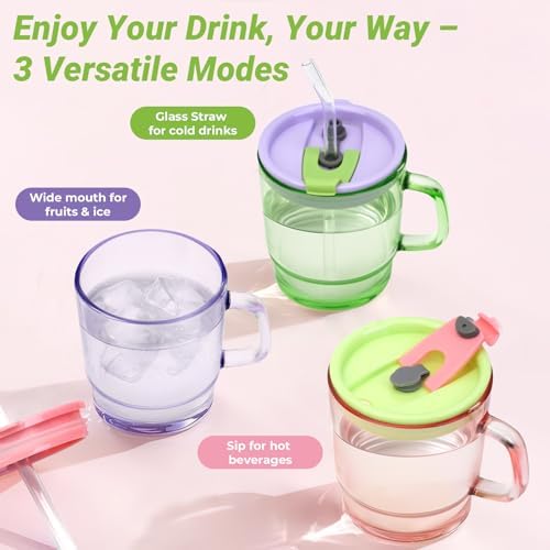 Luxfuel 13oz Tumbler Water Glass Cups with Lid and Straw, 2 Pack Reusable Iced Coffee Cups with Handle, Sealed Carry on for Iced Tea, Coffee, BPA-Free Glass Tumblers for Home, Office, Party, Outdoor - Image 4