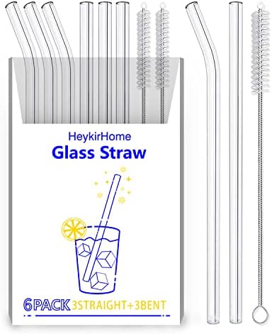 HeykirHome 6-Pack Reusable Glass Straw-Transparent,Size 8''x10 MM,Including 3 Straight and 3 Bent with 2 Cleaning Brush- Perfect For Smoothies, Tea, Juice-Clear by HeykirHomeGlassStraw