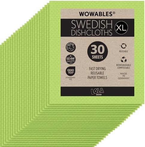 Swedish Dishcloths for Kitchen XL, 30 Sheet Roll, Biodegradable & Compostable, Reusable Paper Towel Cleaning Cloths, 11" x 10", No Odor, Washing Dishes, Ultra Absorbent Cellulose Sponge Towel, By LOLA by LolaProducts