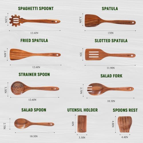 9 Pcs Teak Wooden Utensils Set, Wooden Spoons for Cooking - Image 5