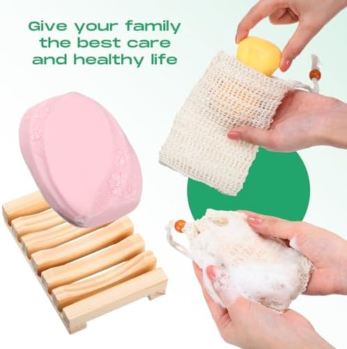 Mumufy 12 Pcs Wood Soap Dish and Exfoliating Bag Set 4.5 x 3.35 x 0.87 inches Self Draining Soap Saver Wood Tray for Bathroom Shower Travel(Wood Color,Wooden) - Image 3