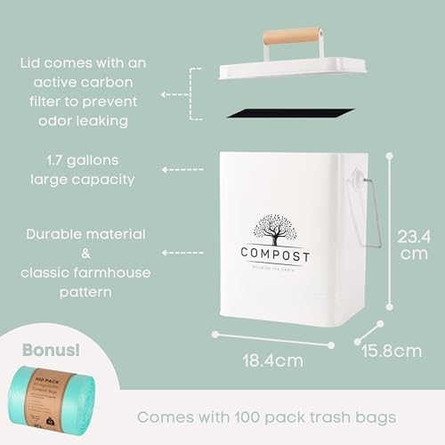 PERFNIQUE Kitchen Compost Bin, 1.7 Gallon Countertop Compost Bin with Lid, Indoor Compost Bin Includes 2 Carbon Filters, Small Compost Bucket, Food Waste Bin for Kitchen with Trash Bags (Cream White) - Image 2