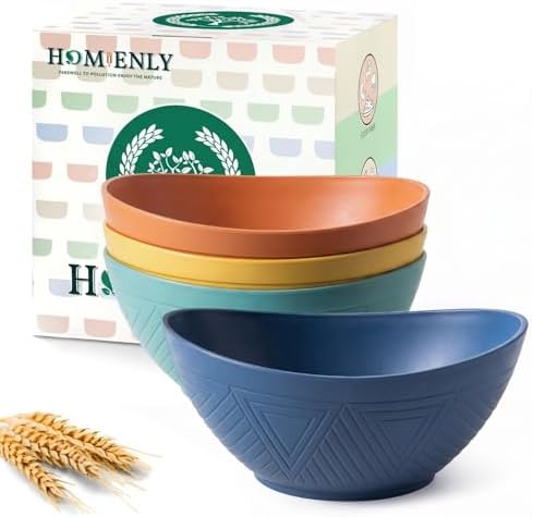 Homienly Wheat Straw Bowls Unbreakable Cereal Bowls 26 OZ Serving Bowls for Snack, Dessert, Dinner, Soup, Rice Microwave and Dishwasher Safe Bowls Set for Kitchen, Party, Dorm, RV (4 PCS Multi) by HOMIENLY