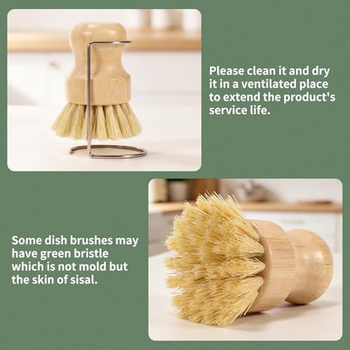 2 Pack Bamboo Dish Brush with Drain Holder - Natural Scrub Brush for Dish with Sisal Bristle, Wooden Dish Scrubber for Kitchen Cleaning Dishes, Pots, Pans and Vegetables - Image 6