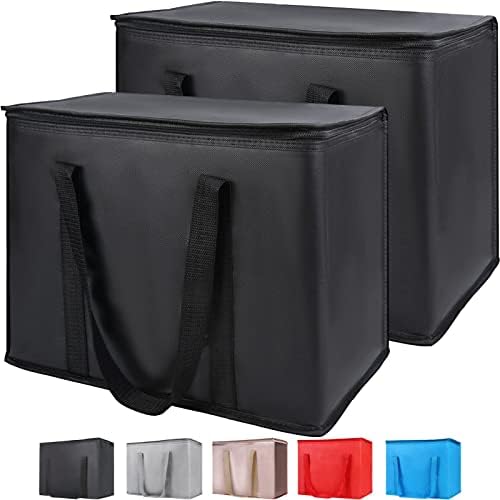 Insulated Reusable Grocery Bags, 16W x 13H x 9D, X-Large Tote Bag for Shopping/Travel, Doordash Food Cooler/Hot Delivery Bag, Black, 2-Pack by CIVJET