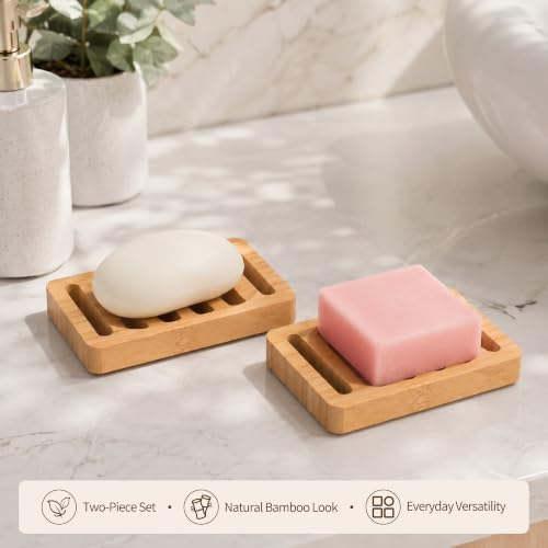 SAMEBUTECO Bamboo Soap Holder 2-Pack, 4.9 Inch Self Draining Bar Soap Saver with Pads - Image 2