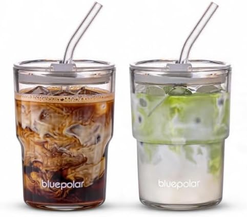 BLUEPOLAR 13oz/400ml Glass Water Tumbler with Straw and Lid Sealed Carry On Thick Wall Iced Coffee Cup Glass Cup for Water, Iced Tea Fruit Juice Etc (White-2Pack) by BLUEPOLAR