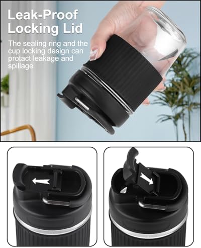 Sivaphe Reusable Glass Ice Hot Coffee Cup 12 oz, Portable Travel Mug with Spill-Proof Lid and Thermal Sleeve for Home Office Black - Image 3