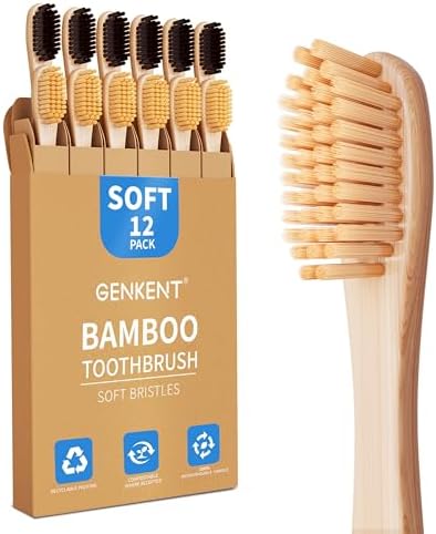 GENKENT Bamboo Toothbrushes 12 Pack BPA Free Soft Bristles Toothbrush by GENKENT