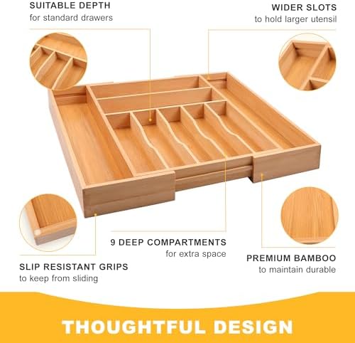 Large Premium Bamboo Silverware Organizer - Expandable Drawer Organizer & Utensil Organizer - 17"x19.7" Cutlery Tray with Dividers for Kitchen Utensils and Flatware (7-9 Slots) (Natural) - Image 6