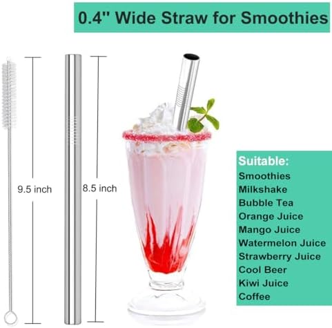 Vinaco 4 Pack 0.4" Wide Bore Reusable Stainless Steel Metal Smoothie Straws - Image 4