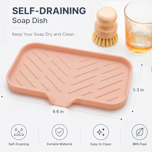 MicoYang Silicone Soap Dish with Drain Spout — Self-Draining Sink Organizer Tray for Bathroom & Kitchen, Sponges, Dispensers & Soap Holder, Non-Slip & Dishwasher Safe, Pink (Medium, 9.6"×5.3") - Image 2
