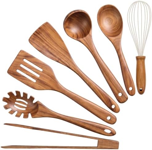 AIUHI Nonstick Wooden Utensil Set for Cooking, Handmade Smooth Finish Teak Wood Spoons Spatula Turner for Cooking and Kitchen Gifts (7Pcs) by AIUHI