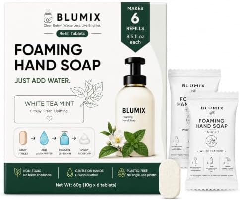 Foaming Hand Soap Refill Tablets, Concentrated Hand Soap Tablets, Just Add Warm Water, For Reusable Foaming Soap Dispensers (6 Count, White Tea Mint, Refill Only) by Blumix