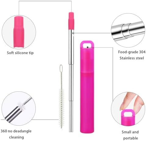 NAIVELY-Metal Reusable Straws, 2 Pack Collapsible Portable Stainless Steel Straws, with Plastic Housing Silicone Tips and Cleaning Brush, Retractable Portable Pocket Drinking Straws - Image 3