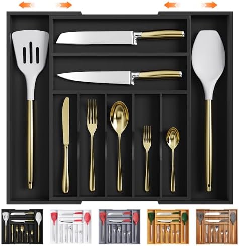 Bellsal Large Premium Bamboo Silverware Organizer - Expandable Utensil Drawer Organizer - 17"x19.6" Utensil Holder and Cutlery Tray with Grooved for Kitchen Flatware and Utensils(7-9 Slot, Black) by Bellsal