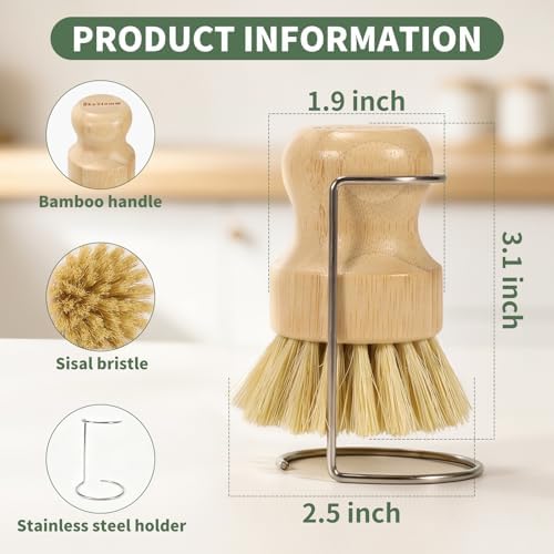 2 Pack Bamboo Dish Brush with Drain Holder - Natural Scrub Brush for Dish with Sisal Bristle, Wooden Dish Scrubber for Kitchen Cleaning Dishes, Pots, Pans and Vegetables - Image 2