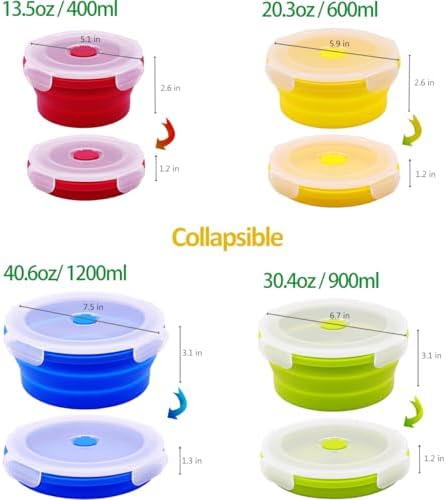 Set of 4 Collapsible Silicone Food Storage Containers With Lids, Round Collapsible Bowls For Kitchen, Microwave, Dishwasher and Freezer Safe, Foldable Meal Prep Bento Lunch Box, BPA Free - Image 2
