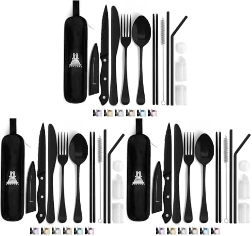Taplord Portable Travel Silverware Set With Case, Includes 10 Pcs of Travel Utensils With Case, Stainless Steel Flatware Set For Camping, Lightweight (Black) (Pack of 3) by Taplord