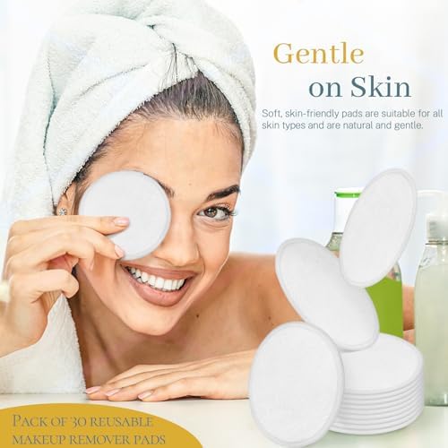 30 Pcs Natural Fiber Round Makeup Remover Pads, Washable Reusable Face Pads Cloth Rounds, Facial Cleansing Pads Wipes for All Skin Types Travel (White) - Image 7