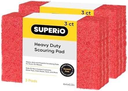 Scouring Pad Non-Scratching Scrubber Non-Scratch Cleaning Scrub Pads Heavy Duty Scouring Pad Reusable Kitchen Scrubbing Pad Pack of 6 Red, by Superio by Superio