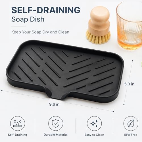 MicoYang Silicone Soap Dish with Drain Spout — Self-Draining Sink Organizer Tray for Bathroom & Kitchen, Sponges, Dispensers & Soap Holder, Non-Slip & Dishwasher Safe, Black (Medium, 9.6"×5.3") - Image 2