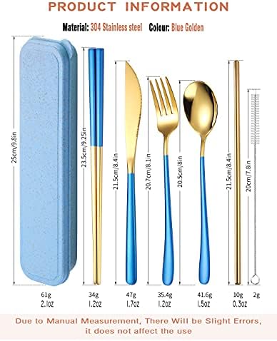 AARAINBOW 6 Pieces 18/8 Stainless Steel Flatware Set Portable Reusable Cutlery Set Travel Utensils Set Including Chopsticks Knife Fork Spoon Straws Cleaning Brush Dishwasher Safe (Blue golden) - Image 2