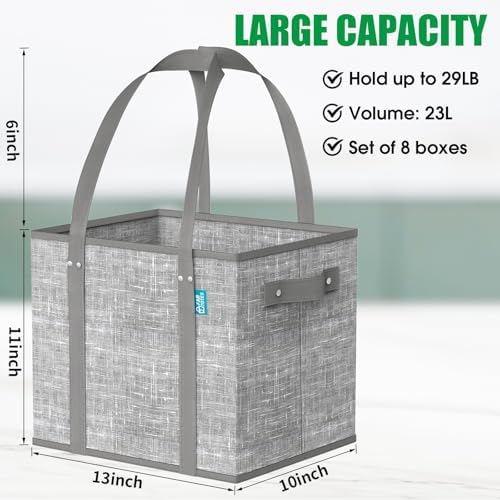 Fab totes Reusable Grocery Bags, Large Foldable Shopping Tote Bags with Reinforced Handles & Hard Bottom,8 Pack, Grey - Image 3