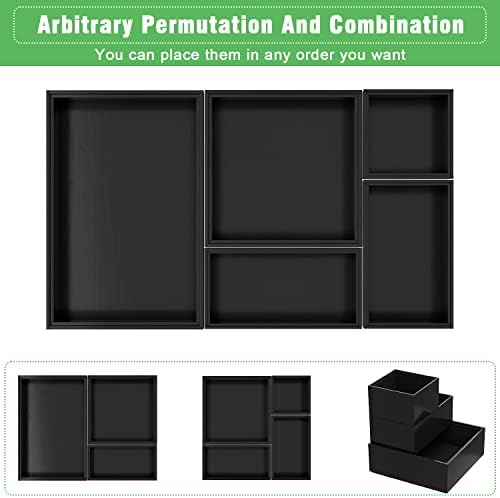 Black Bamboo Bathroom Drawer Organizer, Wooden Kitchen Utensil Holder Set of 5, Stackable Junk Drawer Organizer Tray, Multi-Use Storage Bins Boxs Dividers for Home, Office, Clothing, Makeup, Jewelry - Image 6