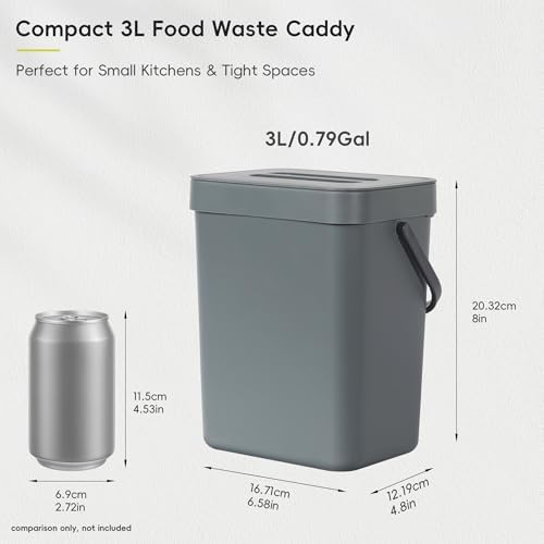 EKO Puro Mini Wall-Mounted Kitchen Trash Can with Lid Food Waste Caddy, 0.79 Gal / 3L (Grey) - Image 2