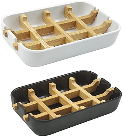 2 Pack Bamboo Soap Dish, Self-Draining Soap Box, Wooden Bamboo Bar Soap Holder for Shower, Bathroom, Kitchen, Bathtub, Bar Sink (White and Black) by HengLiSam