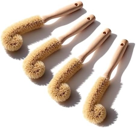 Wooden Bottle Brush - L-Shape Long Handle Cup Scrubber for Water Bottles, Decanters & Glassware - Beech Wood Kitchen Cleaning Tool (Multipack) (4) by milinkllc