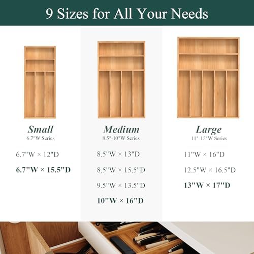 Silverware Organizer, Bamboo Kitchen Drawer Organizer, Utensil Holder, Cutlery Tray & Spoon Flatware Storage with Grooved Drawer Dividers (10''W x 16''D) - Image 3