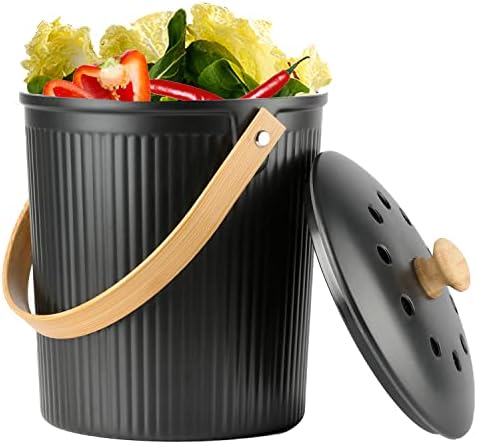 Countertop Compost Bin, LALASTAR Compost Bin Kitchen with Lid, Made of Sustainable Bamboo Fiber, Indoor Food Composter for Kitchen, Odorless, 1 Gallon, Black by LALASTAR