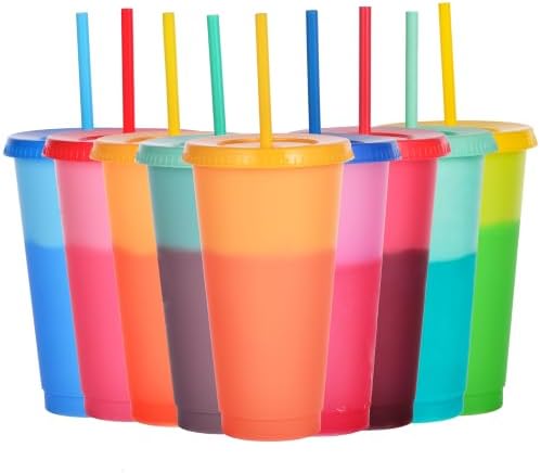 Color Changing Cups, 9 Pack 24oz Plastic Tumblers, Reusable Iced Coffee & Smoothie Cups with Lids and Straws for Parties and Travel (Colors, 9 Packs) by Alohastarttg
