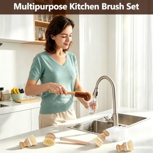 5 Pack Bamboo Dish Brush Set, Natural Kitchen Scrubber & Bottle Brush, Wooden Dish Brush for Cleaning Dishes, Pots, Pans, Bottles, Vegetables, Sinks, Woks - Image 7