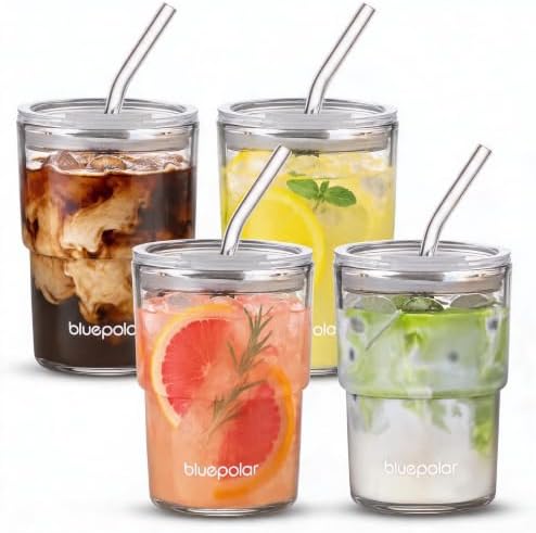 BLUEPOLAR 13oz/400ml Glass Water Tumbler with Straw and Lid Sealed Carry On Thick Wall Iced Coffee Cup Glass Cup for Water, Iced Tea Fruit Juice Etc (White-4pcs) by BLUEPOLAR